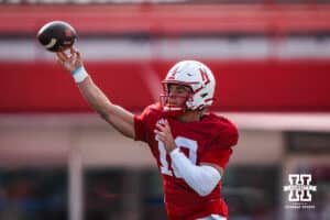 Nebraska Cornhusker quarterback Anthony Colandrea (10) passes the ball during the spring game on March 28, 2026, in Lincoln, Nebraska. Photo by Brandon Tiedemann