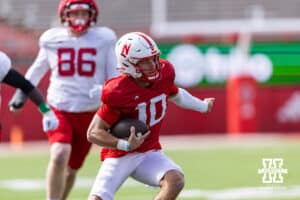 Nebraska Cornhusker quarterback Anthony Colandrea (10) runs with the ball during the Spring Game on Saturday, March 28, 2026, in Lincoln. Photo by John S. Peterson.