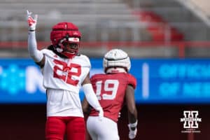 Nebraska Cornhusker cornerback Victor Evans III (22) celebrates a broken up pass during the spring game on March 28, 2026, in Lincoln, Nebraska. Photo by Brandon Tiedemann