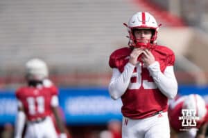 Nebraska Cornhusker punter Archie Wilson (83) warms up during the spring game on March 28, 2026, in Lincoln, Nebraska. Photo by Brandon Tiedemann