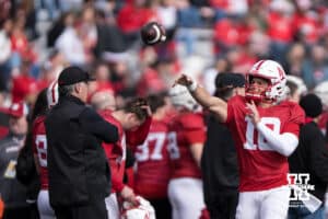 Nebraska Cornhusker quarterback Anthony Colandrea (10) warms up on the sideline during the spring game on March 28, 2026, in Lincoln, Nebraska. Photo by Brandon Tiedemann