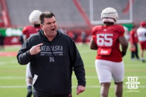 Nebraska Cornhusker offense live coach Geep Wade coaches during the spring game on March 28, 2026, in Lincoln, Nebraska. Photo by Brandon Tiedemann