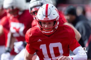 Nebraska Cornhusker quarterback Anthony Colandrea (10) warms up during the Spring Game on Saturday, March 28, 2026, in Lincoln. Photo by John S. Peterson.