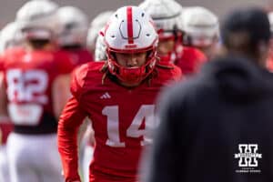 Nebraska Cornhusker quarterback TJ Lateef (14) warms up during the Spring Game on Saturday, March 28, 2026, in Lincoln. Photo by John S. Peterson.