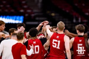 Nebraska Cornhuskers huddle up during media day at the NCAA Men’s Basketball Championship on Wednesday, March 25, 2026, in Houston. Photo by John S. Peterson.