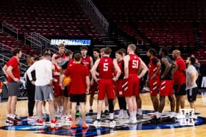 Nebraska Cornhuskers gather up during media day at the NCAA Men’s Basketball Championship on Wednesday, March 25, 2026, in Houston. Photo by John S. Peterson.