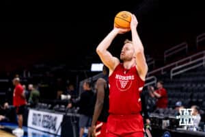 Nebraska Cornhusker forward Rienk Mast (51) shoots a three. during media day at the NCAA Men’s Basketball Championship on Wednesday, March 25, 2026, in Houston. Photo by John S. Peterson.