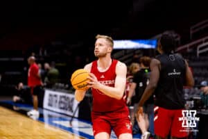 Nebraska Cornhusker forward Rienk Mast (51) gets into position to shoot a three point basket during media day at the NCAA Men’s Basketball Championship on Wednesday, March 25, 2026, in Houston. Photo by John S. Peterson.