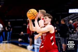 Nebraska Cornhusker forward Braden Frager (5) shoots a threee during media day at the NCAA Men’s Basketball Championship on Wednesday, March 25, 2026, in Houston. Photo by John S. Peterson.