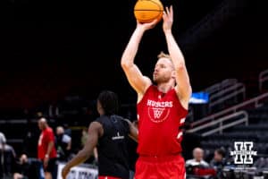 Nebraska Cornhusker forward Rienk Mast (51) shoots a three during media day at the NCAA Men’s Basketball Championship on Wednesday, March 25, 2026, in Houston. Photo by John S. Peterson.