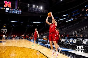 Nebraska Cornhusker forward Pryce Sandfort (21) shoots a three point shot during media day at the NCAA Men’s Basketball Championship on Wednesday, March 25, 2026, in Houston. Photo by John S. Peterson.