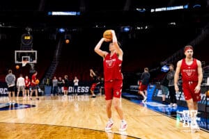 Nebraska Cornhusker forward Pryce Sandfort (21) shoots the ball during media day at the NCAA Men’s Basketball Championship on Wednesday, March 25, 2026, in Houston. Photo by John S. Peterson.