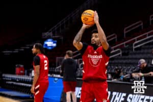 Nebraska Cornhusker guard Jamarques Lawrence (10) shoots the ball during media day at the NCAA Men’s Basketball Championship on Wednesday, March 25, 2026, in Houston. Photo by John S. Peterson.