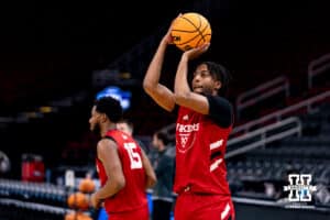 Nebraska Cornhusker guard Kendall Blue (2) shoots the ball during media day at the NCAA Men’s Basketball Championship on Wednesday, March 25, 2026, in Houston. Photo by John S. Peterson.