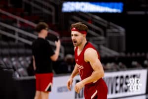 Nebraska Cornhusker guard Sam Hoiberg (1) moves for a pass during media day at the NCAA Men’s Basketball Championship on Wednesday, March 25, 2026, in Houston. Photo by John S. Peterson.
