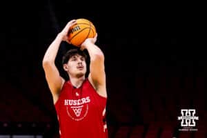 Nebraska Cornhusker forward Berke Büyüktuncel (9) takes a shot during media day at the NCAA Men’s Basketball Championship on Wednesday, March 25, 2026, in Houston. Photo by John S. Peterson.