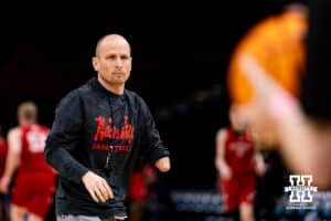 Nebraska Cornhusker assistant coach Nate Loesner works with the players during media day at the NCAA Men’s Basketball Championship on Wednesday, March 25, 2026, in Houston. Photo by John S. Peterson.