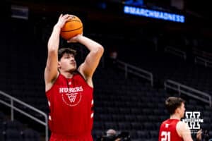 Nebraska Cornhusker forward Berke Büyüktuncel (9) shoots the ball during media day at the NCAA Men’s Basketball Championship on Wednesday, March 25, 2026, in Houston. Photo by John S. Peterson.