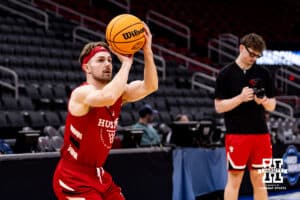 Nebraska Cornhusker guard Sam Hoiberg (1) shoots the ball during media day at the NCAA Men’s Basketball Championship on Wednesday, March 25, 2026, in Houston. Photo by John S. Peterson.