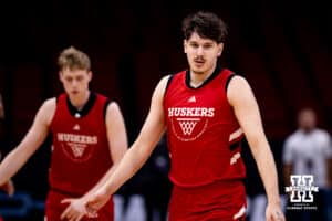 Nebraska Cornhusker forward Berke Büyüktuncel (9) warms up before the start of practice during media day at the NCAA Men’s Basketball Championship on Wednesday, March 25, 2026, in Houston. Photo by John S. Peterson.