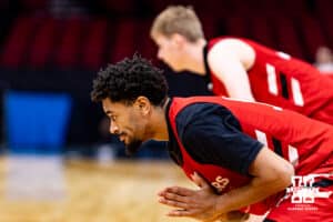 Nebraska Cornhusker guard Jamarques Lawrence (10) warms up at the start of practice during media day at the NCAA Men’s Basketball Championship on Wednesday, March 25, 2026, in Houston. Photo by John S. Peterson.