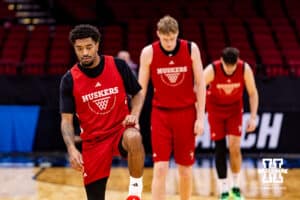 Nebraska Cornhusker guard Jamarques Lawrence (10) warms up at the start of practice during media day at the NCAA Men’s Basketball Championship on Wednesday, March 25, 2026, in Houston. Photo by John S. Peterson.