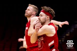 Nebraska Cornhusker guard Sam Hoiberg (1) warms up at the start of practice during media day at the NCAA Men’s Basketball Championship on Wednesday, March 25, 2026, in Houston. Photo by John S. Peterson.