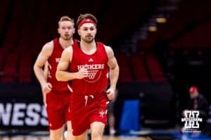 Nebraska Cornhusker guard Sam Hoiberg (1) warming up for practice during media day at the NCAA Men’s Basketball Championship on Wednesday, March 25, 2026, in Houston. Photo by John S. Peterson.