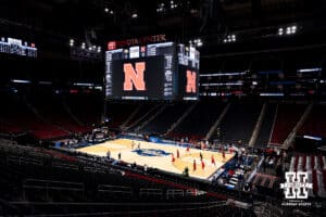 Nebraska Cornhuskers warm up for practice during media day at the NCAA Men’s Basketball Championship on Wednesday, March 25, 2026, in Houston. Photo by John S. Peterson.