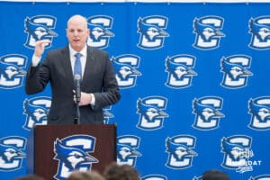 Creighton Bluejay head coach in waiting Alan Huss talks during his introductory press conference on March 25, 2026, in Omaha, Nebraska. Photo by Brandon Tiedemann