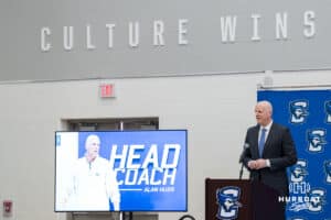 Creighton Bluejay head coach in waiting Alan Huss talks during his introductory press conference on March 25, 2026, in Omaha, Nebraska. Photo by Brandon Tiedemann