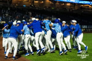 Creighton Bluejays celebrate during a college baseball game against Omaha on March 24, 2026, in Omaha, Nebraska. Photo by Brandon Tiedemann