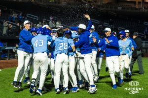 Creighton Bluejays celebrate their win off a wild pitch during a college baseball game against Omaha on March 24, 2026, in Omaha, Nebraska. Photo by Brandon Tiedemann