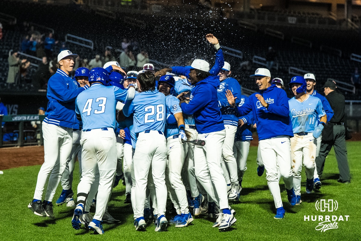 Creighton Bluejays celebrate their win off a wild pitch during a college baseball game against Omaha on March 24, 2026, in Omaha, Nebraska. Photo by Brandon Tiedemann