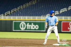 Creighton Bluejay Joe Washburn (1) celebrates a base hit during a college baseball game against Omaha on March 24, 2026, in Omaha, Nebraska. Photo by Brandon Tiedemann