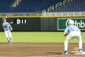 Creighton Bluejay Nick Venteicher (12) throws to first during a college baseball game against Omaha on March 24, 2026, in Omaha, Nebraska. Photo by Brandon Tiedemann