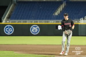 Omaha Maverick Jackson Trout (20) celebrates during a college baseball game against Creighton on March 24, 2026, in Omaha, Nebraska. Photo by Brandon Tiedemann