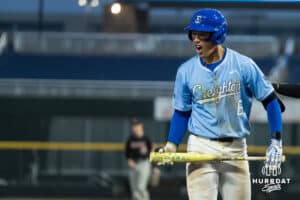 Creighton Bluejay Isaac Wachsmann (6) reacts to a strike call during a college baseball game against Omaha on March 24, 2026, in Omaha, Nebraska. Photo by Brandon Tiedemann