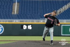 Omaha Maverick Brayden Curtis (5) pitches during a college baseball game against Creighton on March 24, 2026, in Omaha, Nebraska. Photo by Brandon Tiedemann