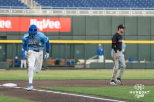 Creighton Bluejay Isaac Wachsmann (6) runs home during a college baseball game against Omaha on March 24, 2026, in Omaha, Nebraska. Photo by Brandon Tiedemann