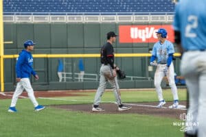 Creighton Bluejay Isaac Wachsmann (6) celebrates his triple during a college baseball game against Omaha on March 24, 2026, in Omaha, Nebraska. Photo by Brandon Tiedemann