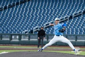 Creighton Bluejay Jakob Ruhl (34) pitches during a college baseball game against Omaha on March 24, 2026, in Omaha, Nebraska. Photo by Brandon Tiedemann