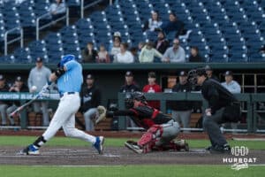 Creighton Bluejay Ben North (11) hits the ball during a college baseball game against Creighton on March 24, 2026, in Omaha, Nebraska. Photo by Brandon Tiedemann