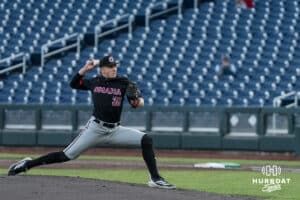 Omaha Maverick Michael Sall (30) pitches during a college baseball game against Creighton on March 24, 2026, in Omaha, Nebraska. Photo by Brandon Tiedemann