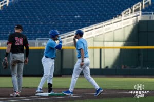 Creighton Bluejay Chris Baillargeon (22) celebrates a base hit during a college baseball game against Omaha on March 24, 2026, in Omaha, Nebraska. Photo by Brandon Tiedemann