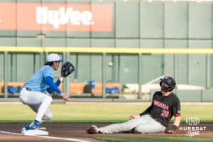 Omaha Maverick Jackson Trout (20) slides to third base during a college baseball game against Creighton on March 24, 2026, in Omaha, Nebraska. Photo by Brandon Tiedemann