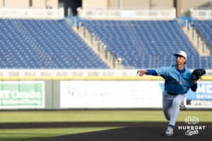 Creighton Bluejay Jakob Ruhl (34) pitches during a college baseball game against Omaha on March 24, 2026, in Omaha, Nebraska. Photo by Brandon Tiedemann