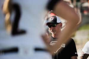 Omaha Maverick Mike Heard, head coach, talks to the players after the win over the North Dakota State Bison during a softball game at Connie Clausen Field on Friday, March 20, 2026, in Omaha, Nebraska. Photo by Collin Stilen.