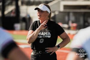 Omaha Maverick assistant coach Jen Brauer talks to the players after the win over the North Dakota State Bison during a softball game at Connie Clausen Field on Friday, March 20, 2026, in Omaha, Nebraska. Photo by Collin Stilen.
