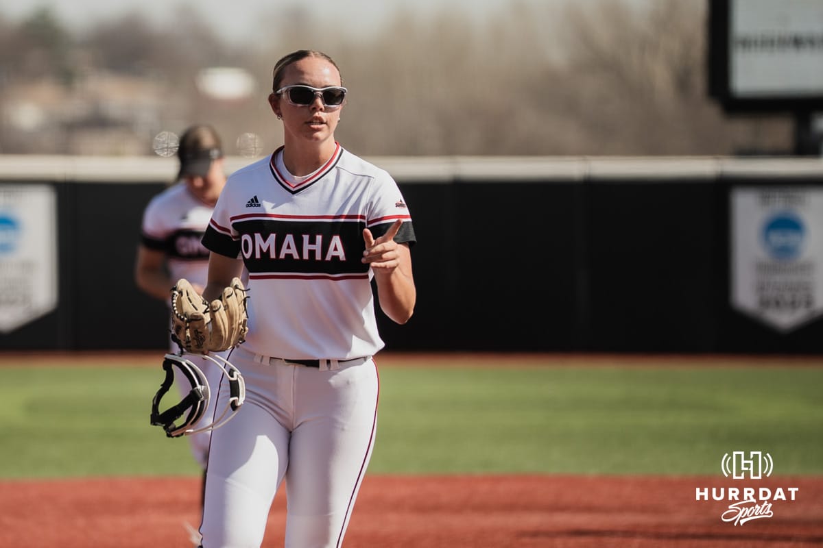 Omaha Maverick Grace Hornbuckle walks back to the dugout after the win against the North Dakota State Bison during a softball game at Connie Clausen Field on Friday, March 20, 2026, in Omaha, Nebraska. Photo by Collin Stilen.